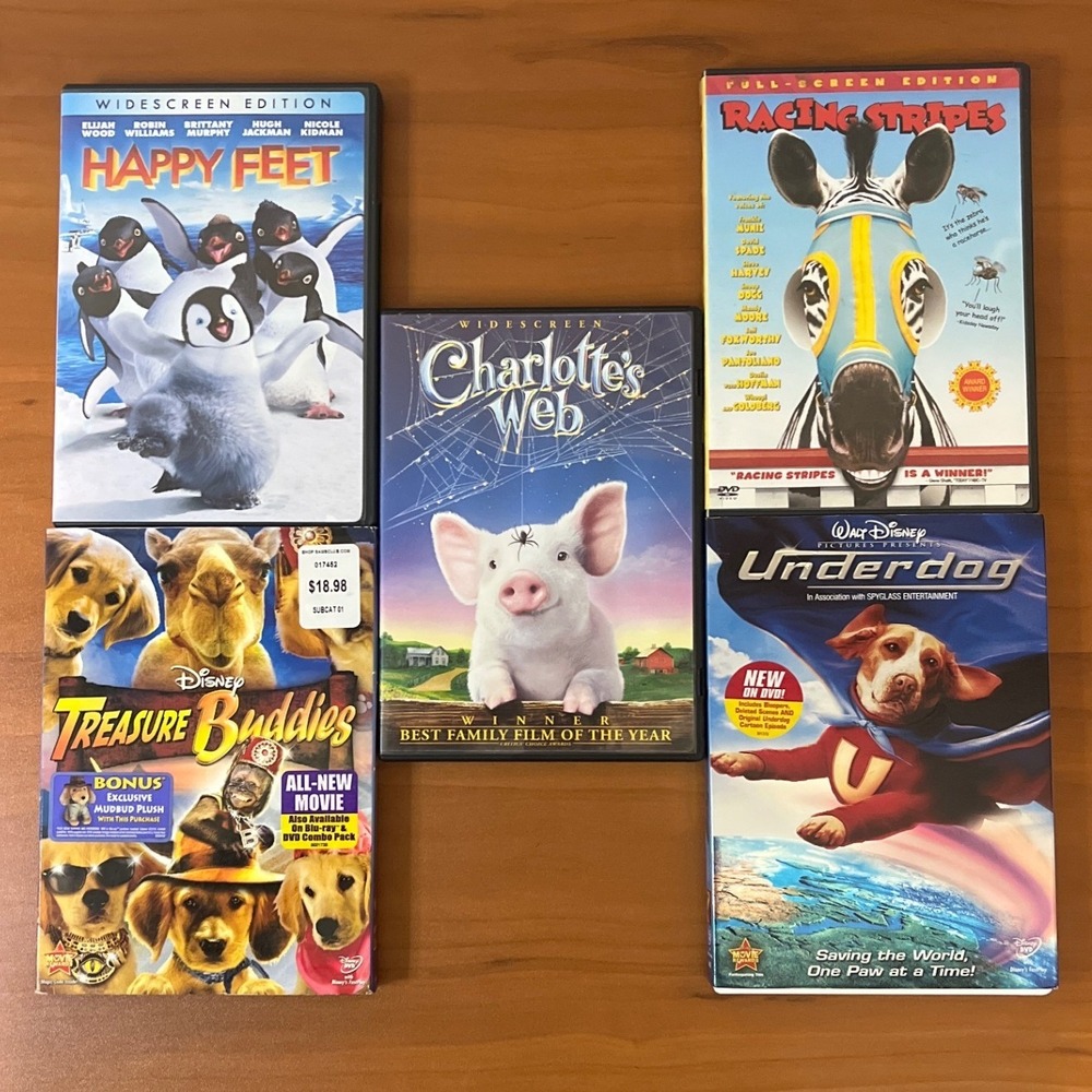 Disney Treasure Buddies Underdog Happy Feet Charlottes Web Racing Stripes 5 DVDs